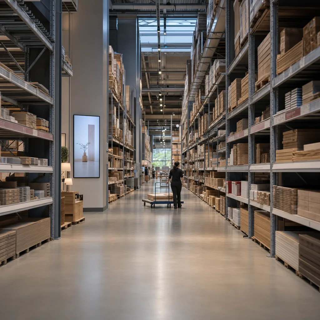 En gång i ett byggvaruhus med en digital reklamskärm