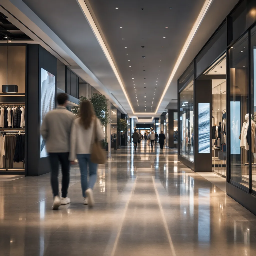 En galleriagång med butiker och en digital reklamskärm